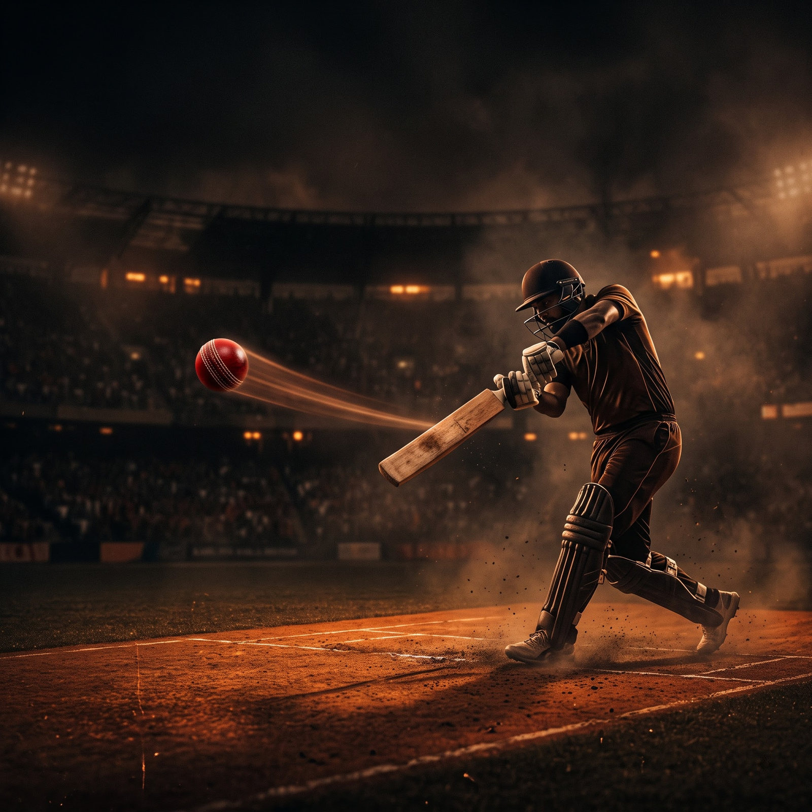 Floodlit cricket stadium with a glowing ball trail