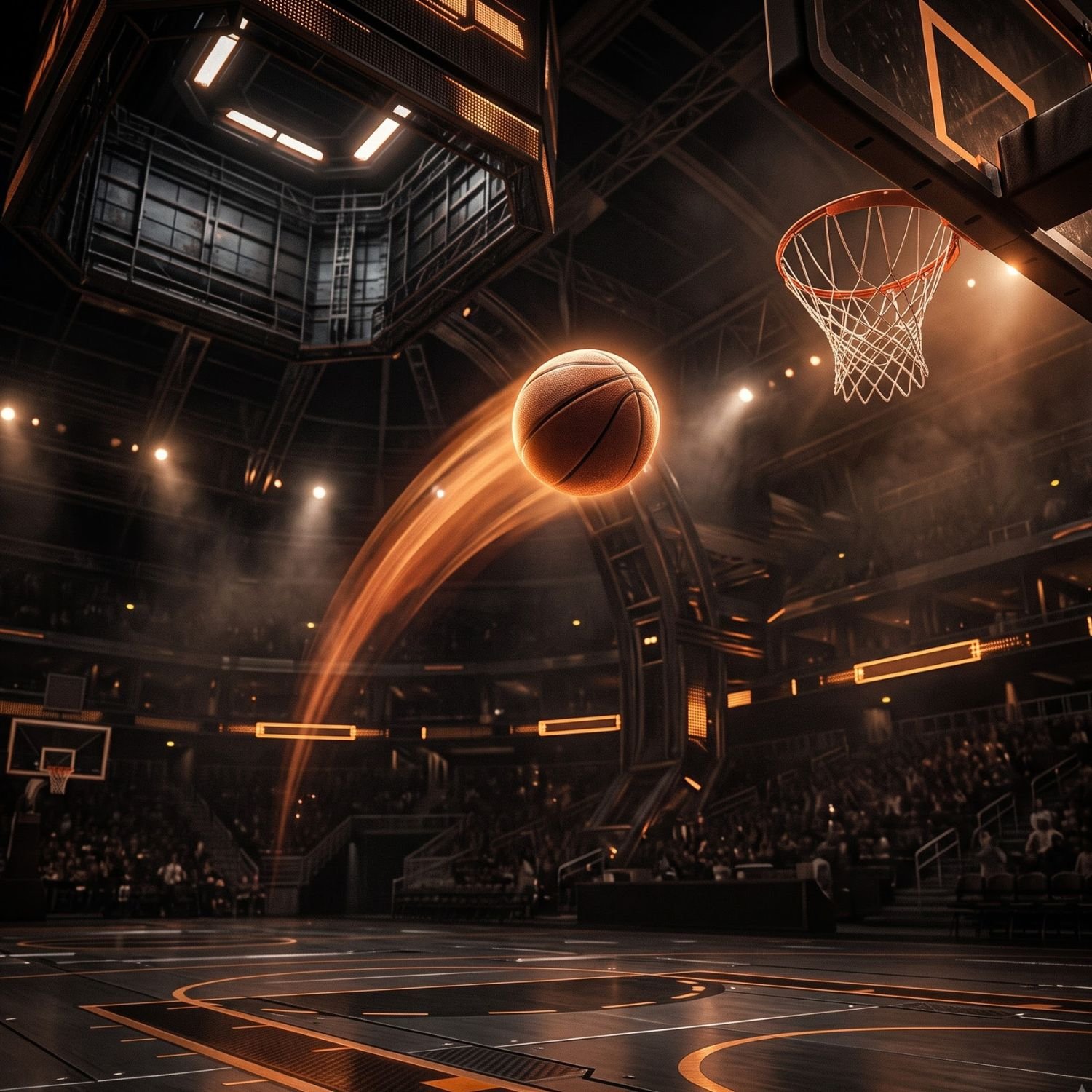Indoor basketball arena with a spotlit court and glowing ball
