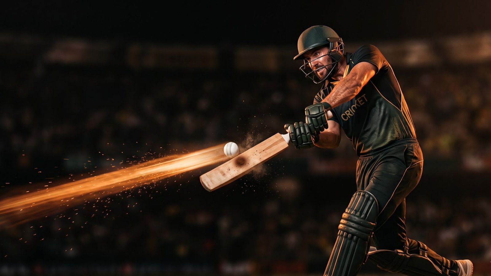 Floodlit cricket stadium with a glowing ball trail