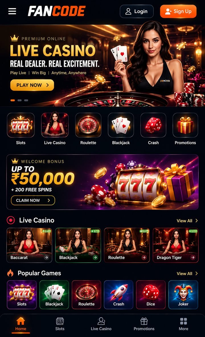 FANCODE.BET live casino lobby on mobile with baccarat, blackjack, roulette and Dragon Tiger tables